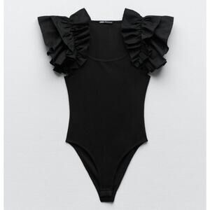 Zara 100% Cotton Black Ruffle Sleeve Bodysuit - Size S - NEW